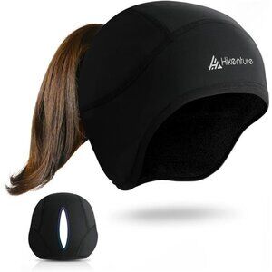 Womens winter skull cap running beanie fleece ponytail hat thermal cycling liner